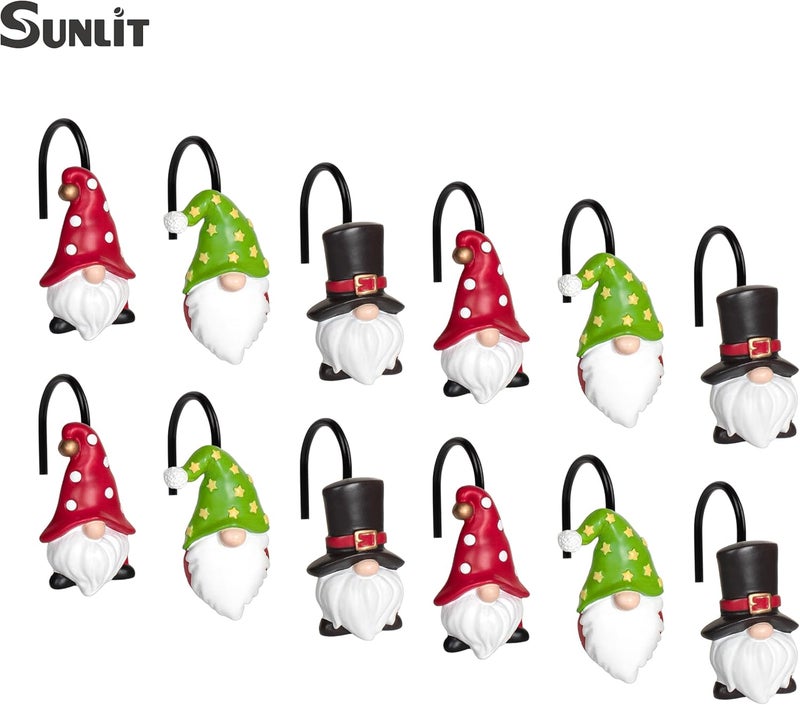 Sunlit Christmas Shower Curtain Hooks, Gnome Shower Curtain Rings with Black Hooks, Hand Painted Resin Christmas Decor, Winter Bathroom Decoration, Black Green Red with Polka, Set of 12 - Image 2